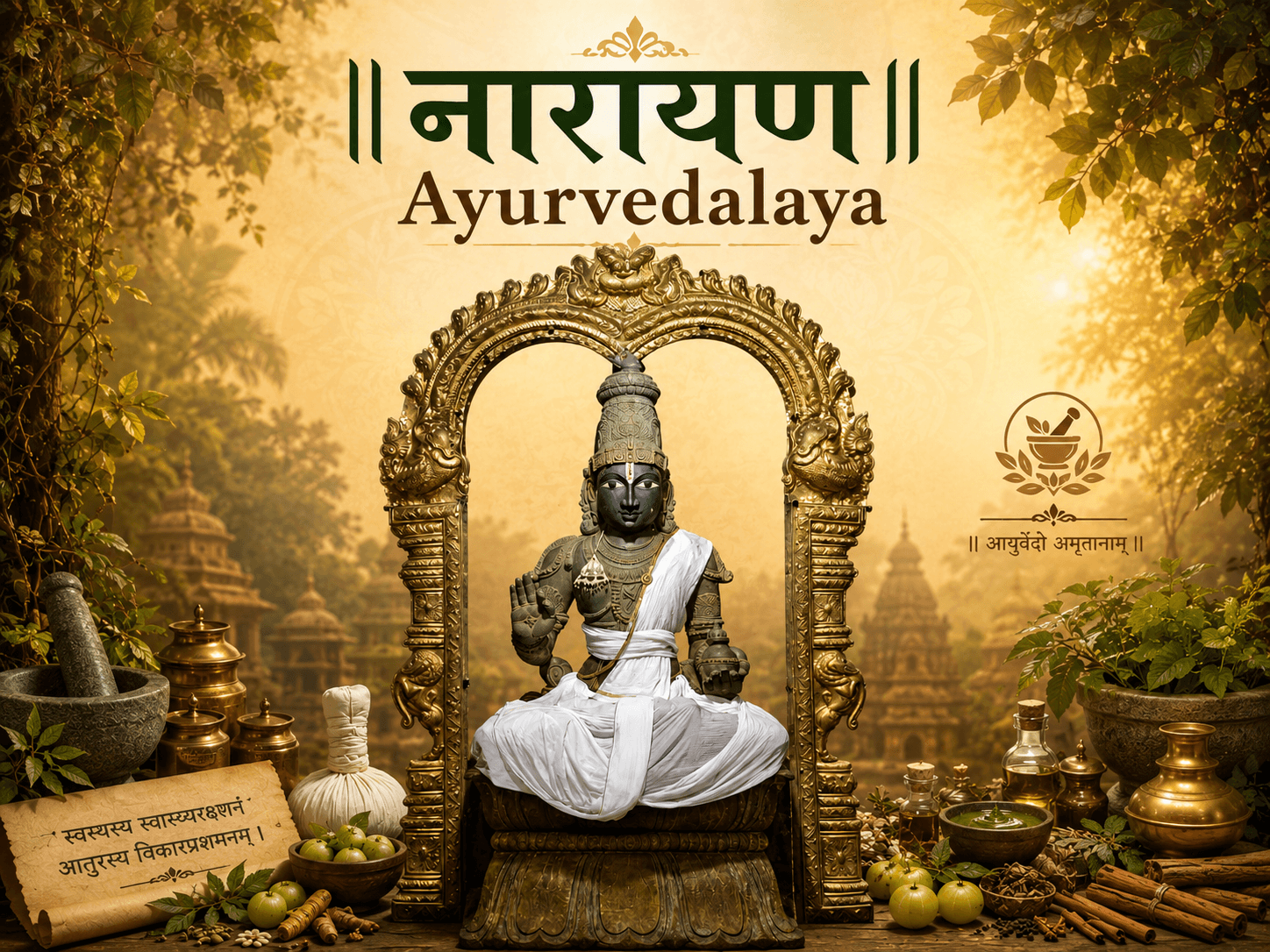 Narayana Ayurvedalaya Lord Dhanvantari sanctuary artwork